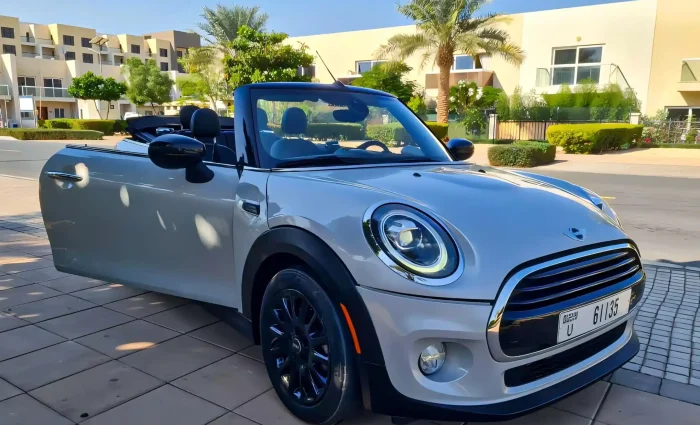 mini cooper convertible car sliver color for rent in Dubai